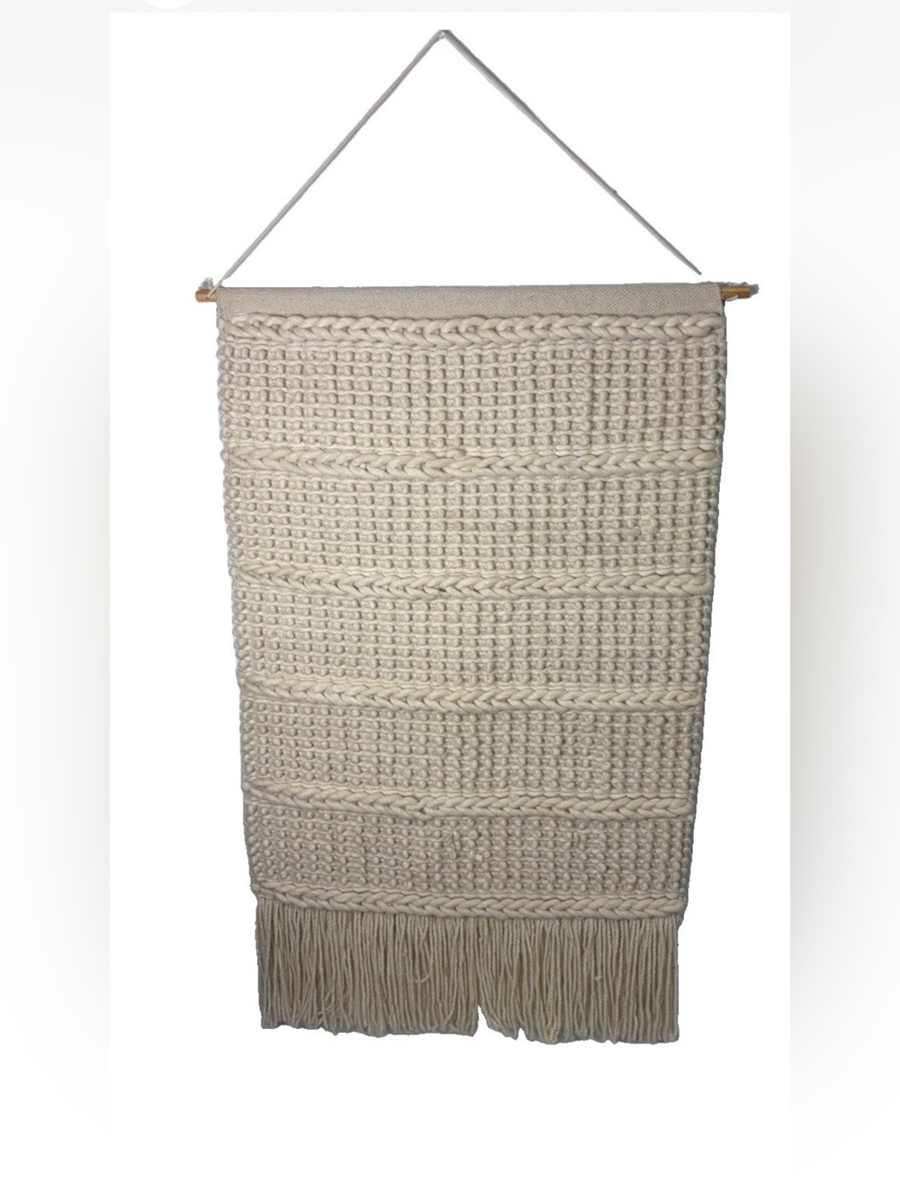 Handwoven Cream wool Wall Hanging-Boho Home Wall Decor-chunky w/Fringe 29”X 49”
